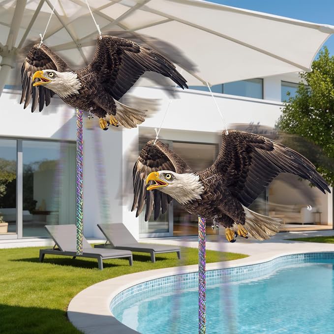 2 Pack Eagle to Scare Pigeon Woodpecker Animals Away, Outdoor Hanging Plastic Fake Eagle Scarer with Reflective Tape for Keep Animals Away from Contryard Patio Yard Porch Balcony Window