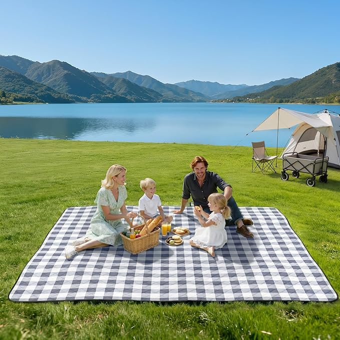 TigeJoy Extra Large Picnic Blanket Waterproof Foldable 80''x118'', Outdoor Picnic Mat Beach Blanket Sandproof for Park, Grass, Travel, Hiking, Camping Essentials, Gingham Picnic Blanket