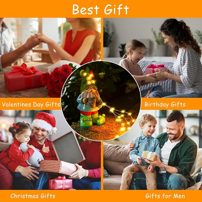 Solar Watering Can Gnome Resin LED Garden Statue | IP65 weatherproof figurine with 30 cascading warm lights; holiday gift for women & mom