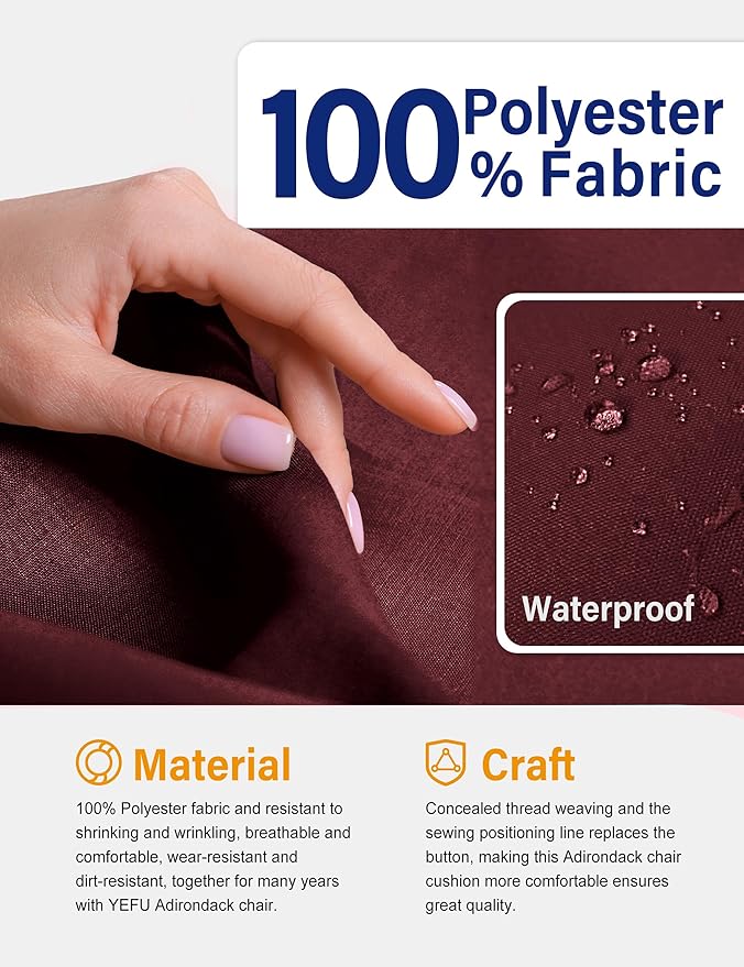 YEFU Adirondack Chair Cushion, Thin Rocking Chair Cushions with Straps Set of 2, Folding Patio Chair Pad for Indoor and Outdoor, 19.7x18.9x1.5 Inch, Burgundy