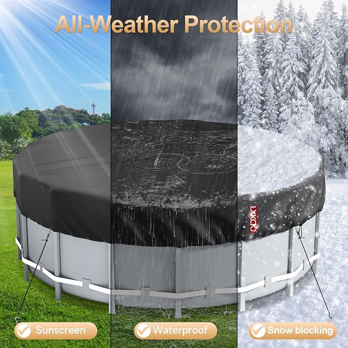 LXKCKJ 18 FT Pool Cover for Above Ground Pools, Round 420D Oxford Tarp | Tear-Resistant, Waterproof , Windproof With Buckles & Ground Nails Set, UPF50+ UV Protection, Cold-Resistant, Keep Pool Clean