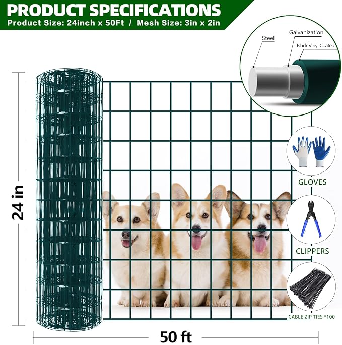 GILPWA Welded Wire Fence, 50ft(L) x 24inch(H) Garden Fence for Dog, 2 Inch x 3 Inch 16GA Fencing for Chicken, PVC Coated Anti-Rust Roll Metal Wire Mesh Fence for Yard Vegetable, Green