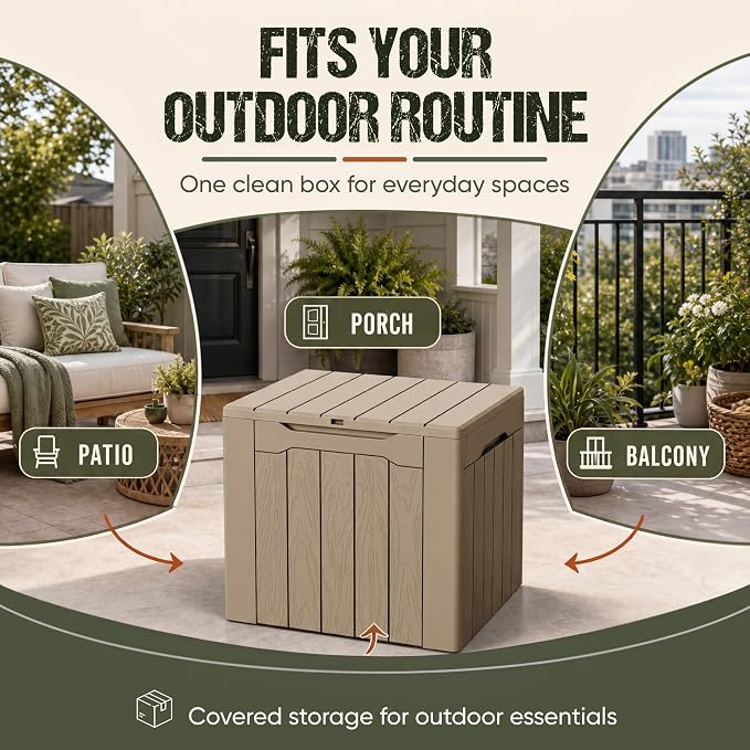 Flamaker Deck Box 30 Gallon, Waterproof Resin Small Storage Box with Lid, Outdoor Patio Furniture Cushion Garden Tool Organizer, Lockable Package Delivery Box for Porch Balcony (Brown)