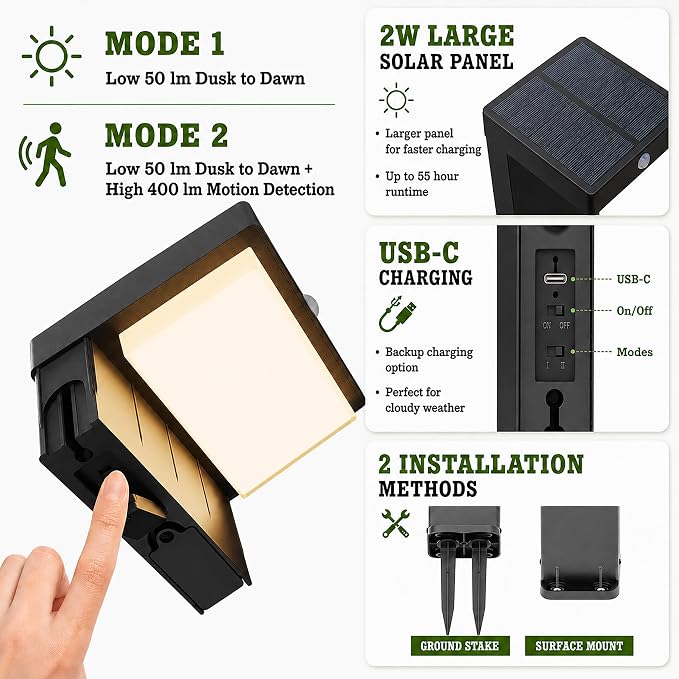 20.5" Solar Pathway Lights - Walkway Solar Lights for Outside - PIR Sensor & Two Lighting Modes - Rechargeable Battery Lasts Up to 55 Hours - 3000K - IP44 Weather Resistant - 2 Pack