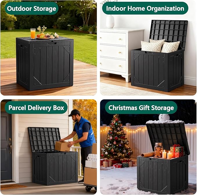 Outdoor Storage Box,30 Gallon Deck Box Outdoor Storage Bench Outside Waterproof Resin Storage Bench, Lockable Patio Cushions, Garden Tools Storage For Furniture, UV Resistant Black