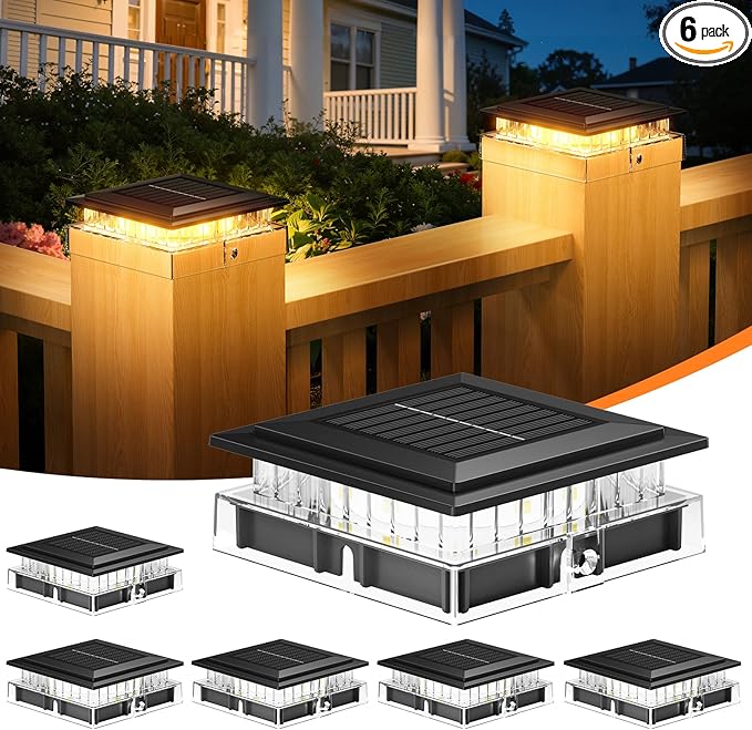 4x4 Solar Post Cap Lights Outdoor, 6 Pack Fence Post Solar Lights with Warm Light Mode, Waterproof Fence Deck Post Lights Solar Powered Fits 4x4 3.5x3.5 Vinyl Wooden Posts for Patio Porch