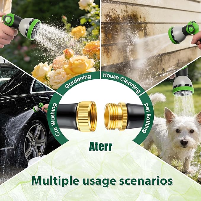 Aterr Garden Hose 50ft, Lightweight Flexible Water Hose with 10 Pattern Nozzle, Durable Hose, Solid Aluminum Connectors, Leak-Resistant for Yard Lawn Car Washing, (Green)