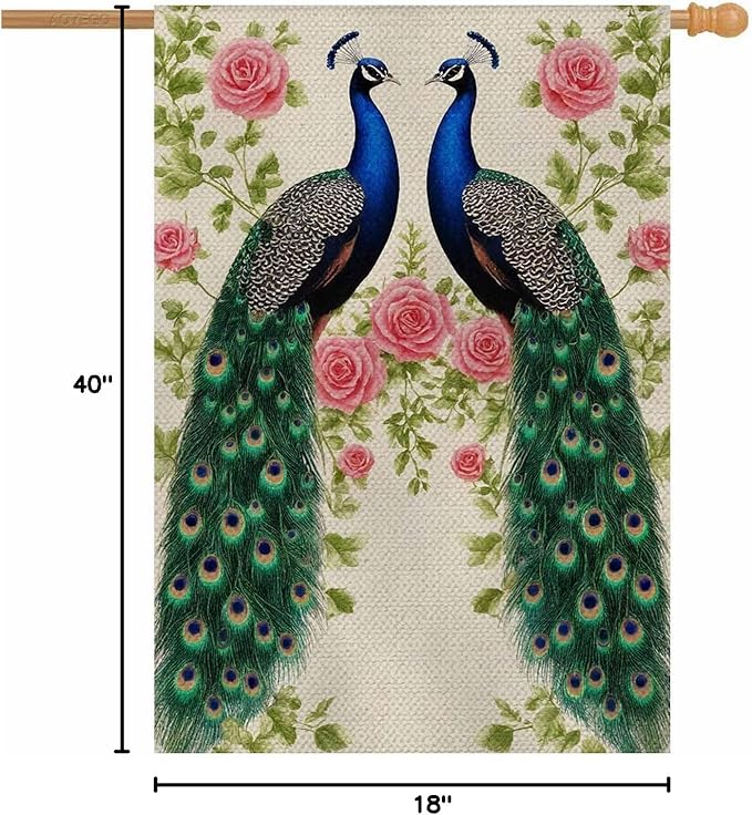 AOYEGO Peacock Roses House Flags 28 x 40 Double Sided Burlap Abstract Beautiful Floral Pattern Yard Flags Spring Summer Farmhouse Seasonal Outdoor Flag