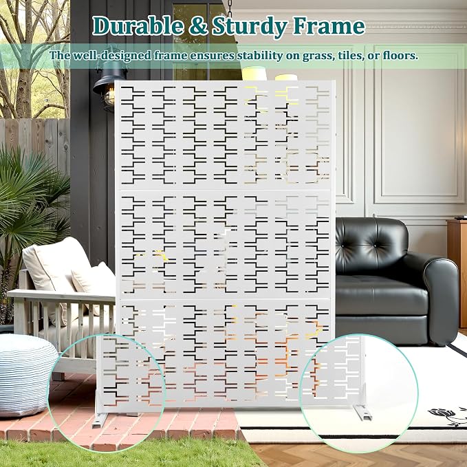 Outdoor Privacy Screen Metal Privacy Fence Freestanding Screen Fence, Decorative, Weather-Resistant, Privacy Protection, 72’’H×47’’W, White (3 Panels)
