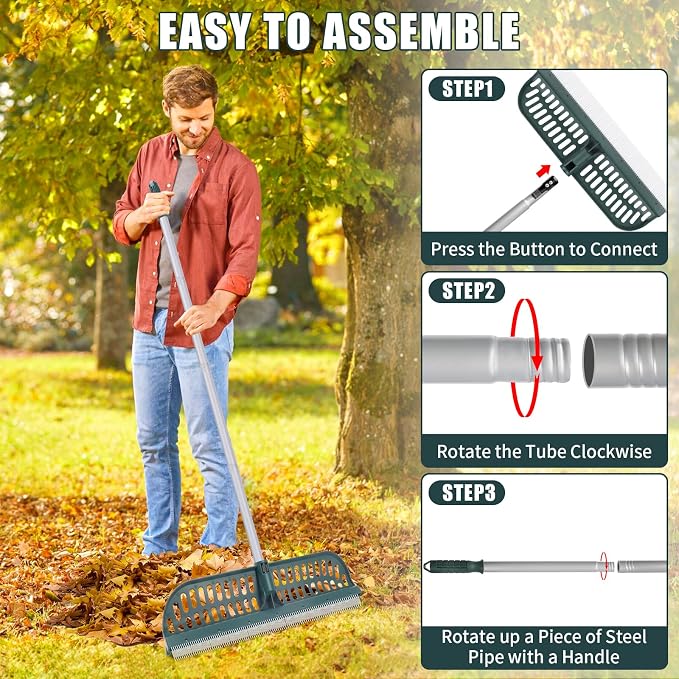 Artificial Turf Rake with 18in Widen Double-Sided Heads, 32-61 Inch Turf Brush Grass Rake for Artificial Grass, Turf Grass Broom for Garden Lawn Artificial Turf Leaves Pet Hairs