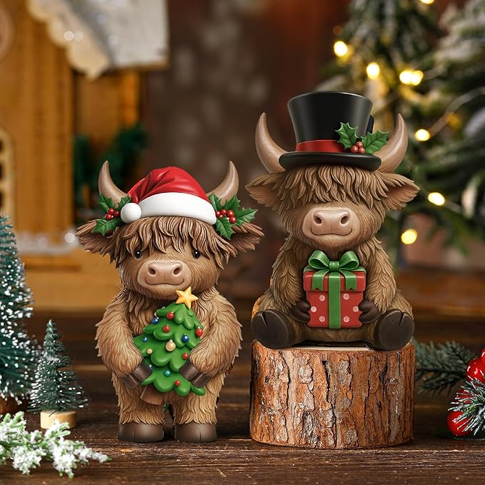 Simgoing 2 Pack Christmas Highland Cow Figurines Highland Cow Statues with Santa Hat Resin Xmas Figurine Merry Christmas Table Decoration for Winter Holiday Farmhouse Tiered Tray Garden Home Gift
