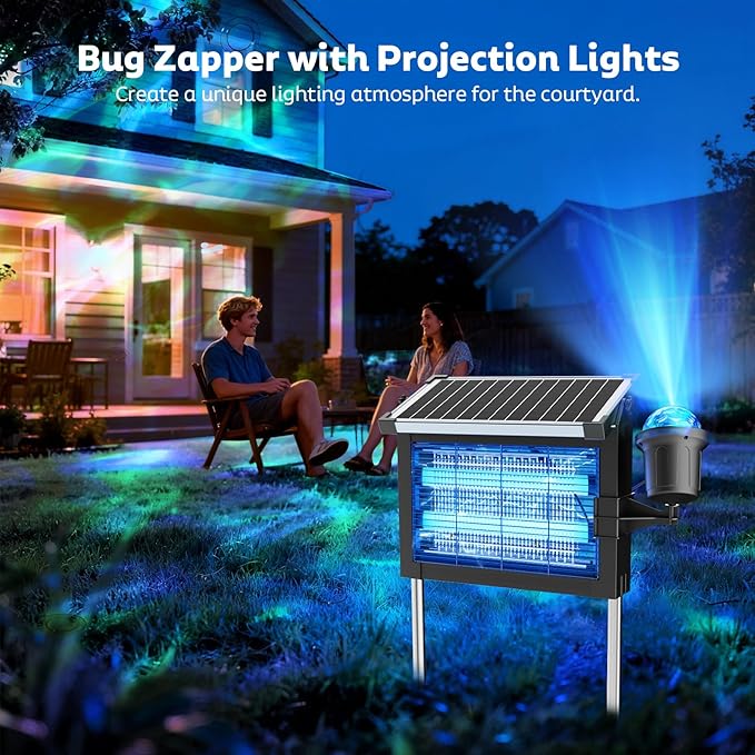 OnBeam Solar Bug Zapper Outdoor with Projector Lights, Mosquito Zapper Waterproof Electric Fly Zapper Rechargeable with 10W Solar Panel, 4500V Cordless Fly Trap for Backyard, Patio, Garden, Camping