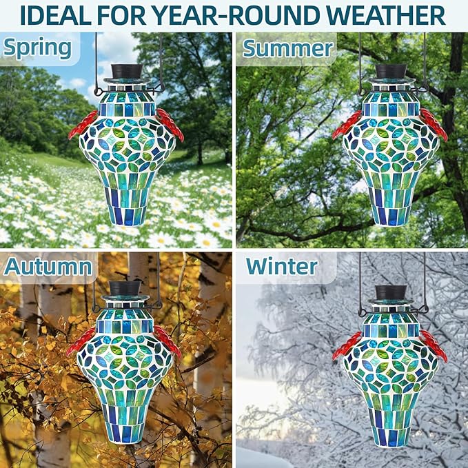VOREEN Mosaic Glass Hummingbird Feeders for Outdoors Hanging, Hand Blown Hummingbird Feeders, Porch Garden Backyard Decor, Decorative Gift for Mom Wife Friend, 2pcs, Blue and Red
