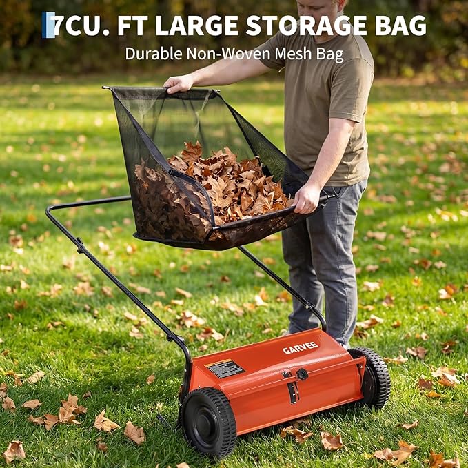 Push Lawn Sweeper, 26-Inch Width, 7 Cu. ft. Hopper Capacity, 4 Spinning Brushes, Adjustable Height, Durable Steel Frame with Rubber Wheels, Ideal for Leaves and Grass