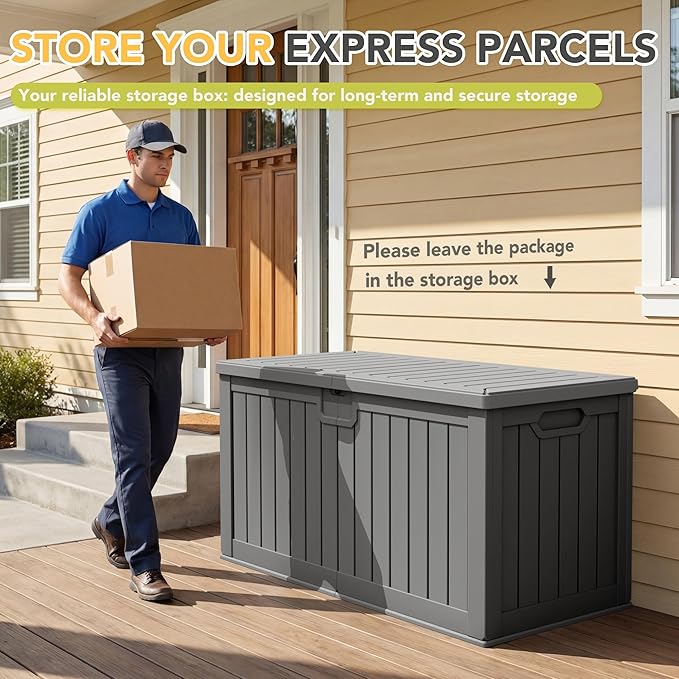 240 Gallon HDPE Deck Box Outdoor Indoor Waterproof Storage Box for Patio Furniture, Pool Accessories, Garden Tools, and Cushion Storage, Gray