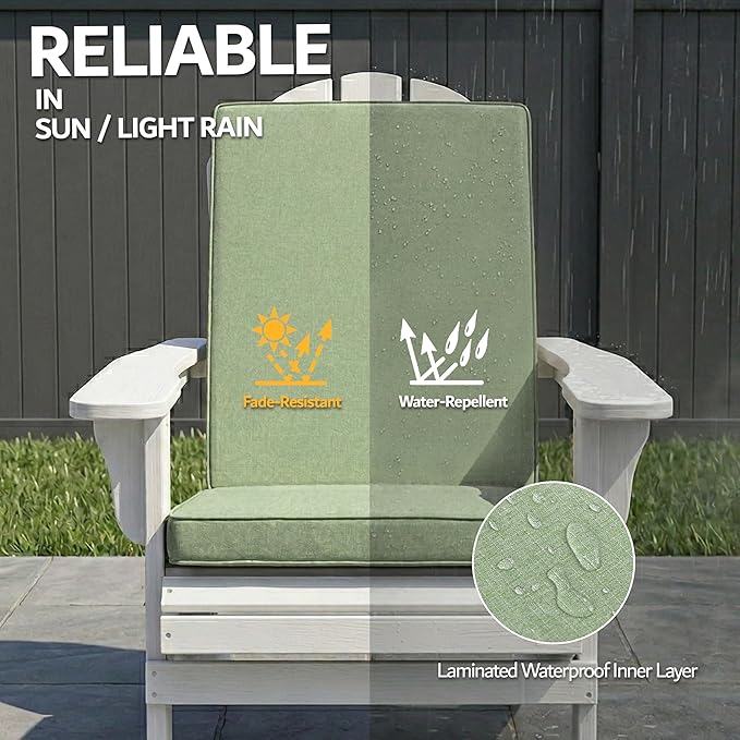 Adirondack Chair Cushion - Removable Cover, Water-Repellent & Fade-Resistant Faux Linen, Securing Straps, Non-Slip Bottom, Fit for Most Outdoor Adirondack & Rocking Chairs - Sage Green