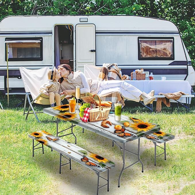Picnic Table Cover with Bench Covers 72IN 6FT, Camping Essentials Tablecloth Waterproof Oilproof with elastic Edge for Indoor Outdoor Patio (Sunflower Wood Grain)