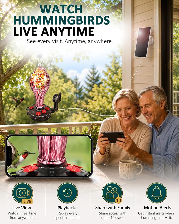 LUJII Smart Hummingbird Feeder with Camera, Hand Blown Glass for Outdoor Hanging, Solar WiFi Feeder with Live View App, 6 Feeding Ports, Leak-Resistant Design, Ant Moat & Gift Box, 36 fl oz, Purple