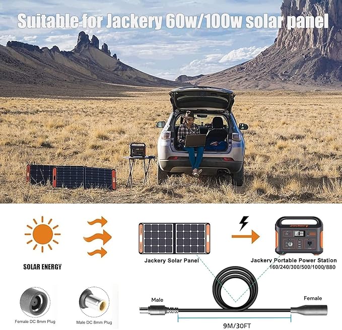 30Ft Jackery Extension Cable 14AWG 8mm Solar Panel Extension Cable 8mm DC Power Plug fit Jackery Explorer 1000/500/300/240/160,BLUETTI EB3A/EB70/EB70S/AC50S Portable Power Station Solar Generator