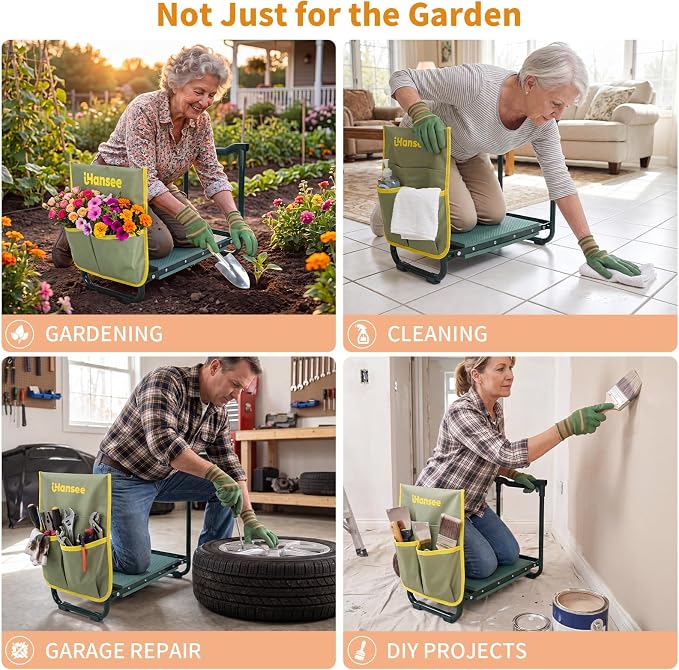 Garden Kneeler and Seat, Foldable Garden Stool with Handles, Heavy Duty All Metal Frame, Gardening Kneeling Bench Workseat w/Tool Pouch for Women Men Seniors, Weeding&Planting, Gardening Gift