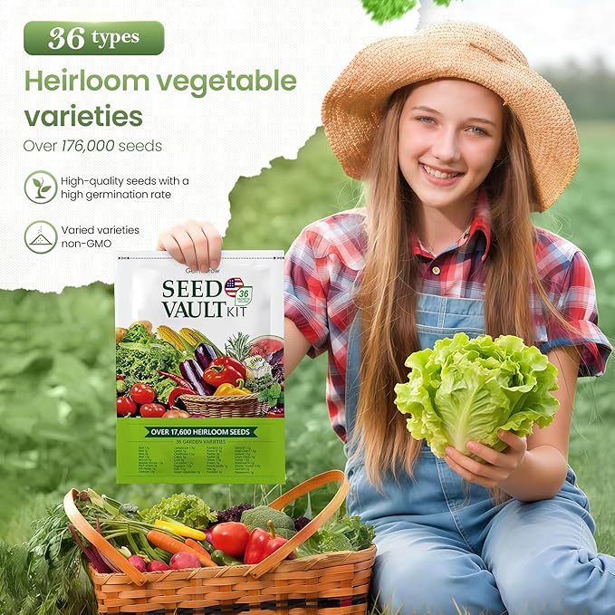GermiGrow Survival Vegetable Seeds Vault Kit - 36 Heirloom Varieties, 17,600+ Non-GMO Vegetable Seeds for Planting Indoor/Outdoor & Hydroponic Gardening, Survival Gear & Emergency Seeds