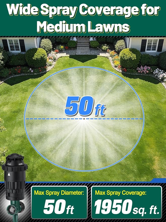 Sturdy Aluminum Alloy Spike Sprinklers for Yard - Adjustable Spray Coverage & 5 Spray Patterns Lawn Sprinkler, Efficient Irrigation System for Medium Garden Uneven Ground