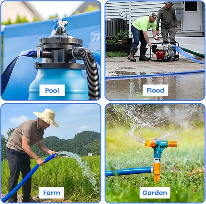 Poolvio Backwash Hose 2" x 100 ft, Blue Lay-Flat PVC Drain Hose with 2 Stainless Steel Thumb Screw Clamps, Tear-Resistant & Leak-Free for Swimming Pool Filter Cleaning, Flooded Area, Pond Draining