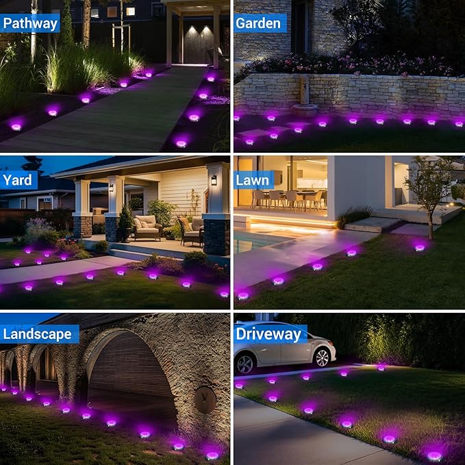 Peasur Solar Ground Lights Outdoor, 4 Pack Flat Solar Powered Disc Lights, IP68 Waterproof, Anti-Rust, Landscape Lighting for Pathway Garden Yard Lawn Walkway Landscape Driveway, Purple