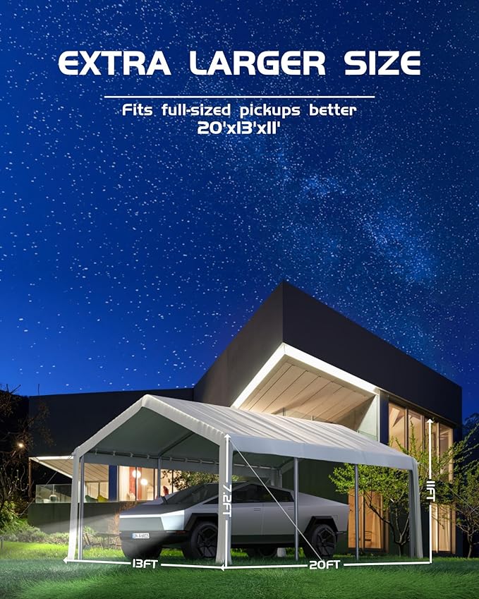 13x20 ft Heavy Duty Carport Replacement Canopy Cover, Waterproof Outdoor Garage Top Tent for Cars/Trucks/Boats, UV-Resistant & Wind-Resistant (Top Cover ONLY, Frame Not Included)