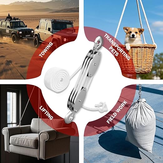 YATOINTO 1 Ton Rope Hoist Pulley System, Heavy Duty Block and Tackle(White) | 50FT Polypropylene Fibers Rope, 6:1 Lifting Power, Metal Bearing Design, Rust-proof Zinc-plated Housing w/Alloy Steel Hook
