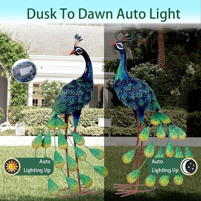 Kircust Metal Outdoor Solar Peacock Statues for Garden & Yard | Weatherproof Decor with Lights, Elegant Gift for Patio