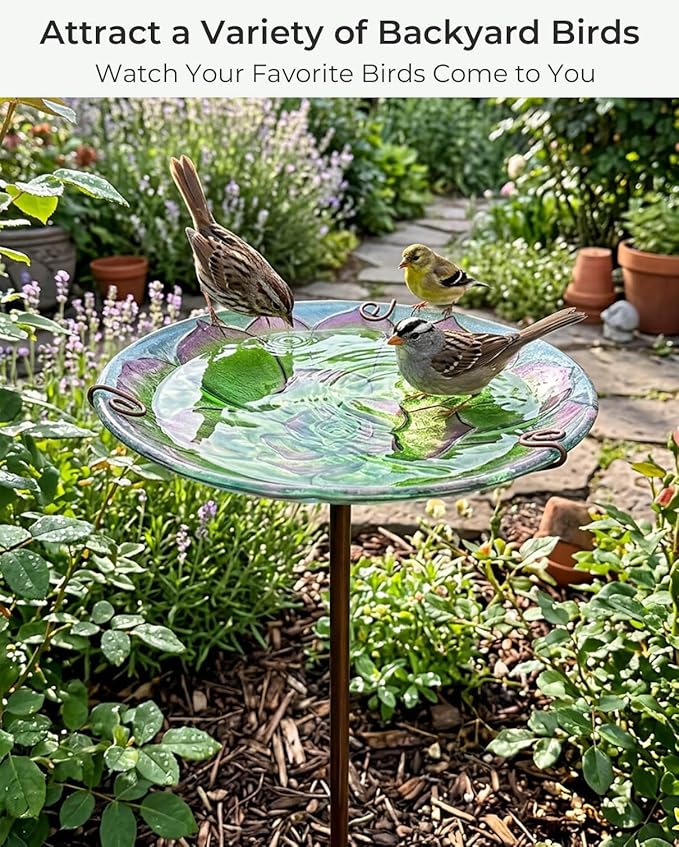 10.5" D Glass Bird Bath with Stake – Shallow Bird Bath for Outside Garden Backyard – Decorative Birdbath & Feeder for Patio Lawn – Hand-Painted Glass Water Dish, Green