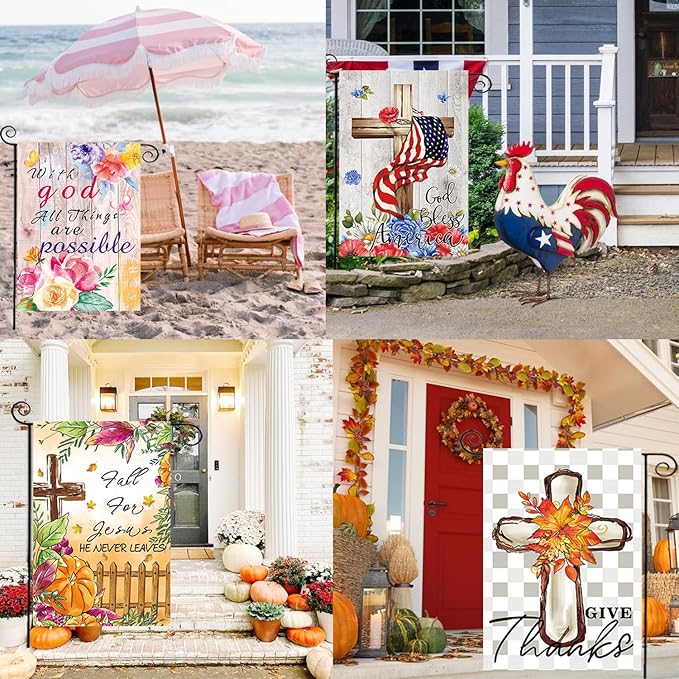 Christian Seasonal Garden Flags Set of 12 Double Sided 12 x 18 Inch Cross Yard Flags, Small Flags for Outside, Fall Winter Easter Christmas Outdoor Flags, Holiday Garden Flags for All Seasons ﻿