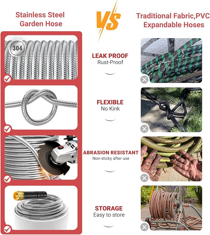 Lefree 100ft Metal Garden Hose - Heavy Duty 304 Stainless Steel Flexible Water Hose, No Kinks & Leak-Proof with Upgraded Handle, 10-Function Spray Nozzle & 4 Spare Gaskets for Yard, RV, Pet Bath