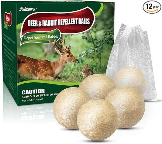 12 Pack Deer & Rabbit Repellent Balls-Deer Repellent, Rabbit Repellent Outdoor,Animal Deterrent for Garden, Yard, Trees & Plants-Long-Lasting 30-60 Days-Safe for Pets, Kids, Flowers & Vegetables