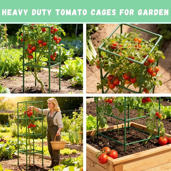 Riare 6 Pack Square Tomato Cages for Garden- 45 Inch Heavy Duty Tomato Stakes Plant Support, Metal Tomato Trellis for Climbing Plants Outdoor, Raised Garden Bed, Vegetables Flowers