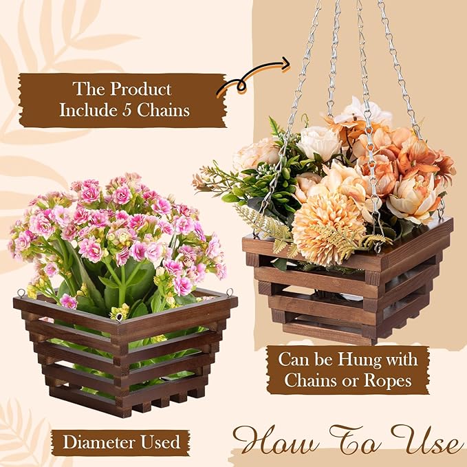 SiliFine 5 Pcs Wooden Orchid Hanging Basket with Hangers Pine Rustic Vanda Baskets Square Handmade Orchid Pots for Indoors Outdoors Garden Staghorn Ferns Mount Plants Flowers (6inch,8inch,10inch)