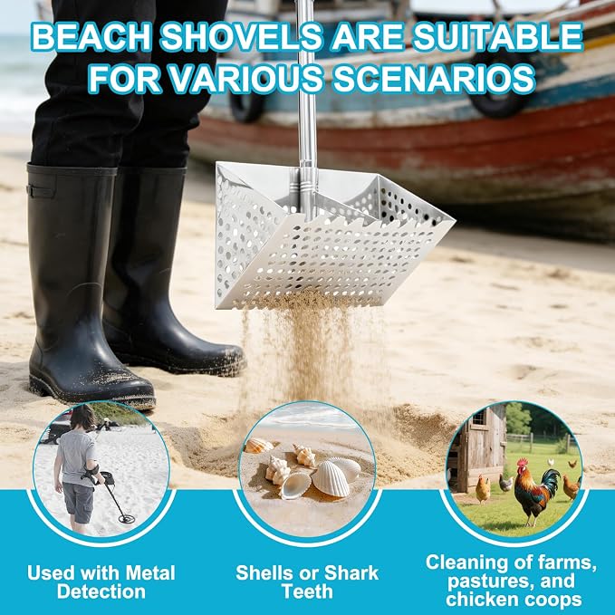 65Inch Sand Rake for Beach, Sand Scoop Rake Stainless Steel with an 11-Inch Sand Sifter and a 10.6-Inch Sand Rake, Perfect for Collecting Seashells Cleaning up Broken Shells and Debris on The Beach