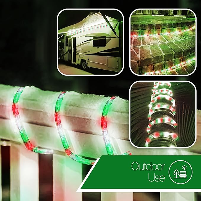 Tupkee LED Rope Light Red, Green, and Clear - 24 Feet (7.3 m), for Indoor and Outdoor use - 10MM Diameter - 144 LED Long Life Bulbs Halloween Decorative Rope Tube Lights