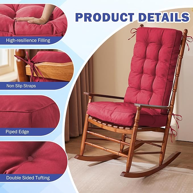 IPYNBAP Rocking Chair Cushion, Waterproof and Fade-Resistant Patio Chair Cushions, Tufted Chair Pads for Rocker Furniture, 18x18 Inch, Indoor/Outdoor Seat Cushions with Ties, Burgundy