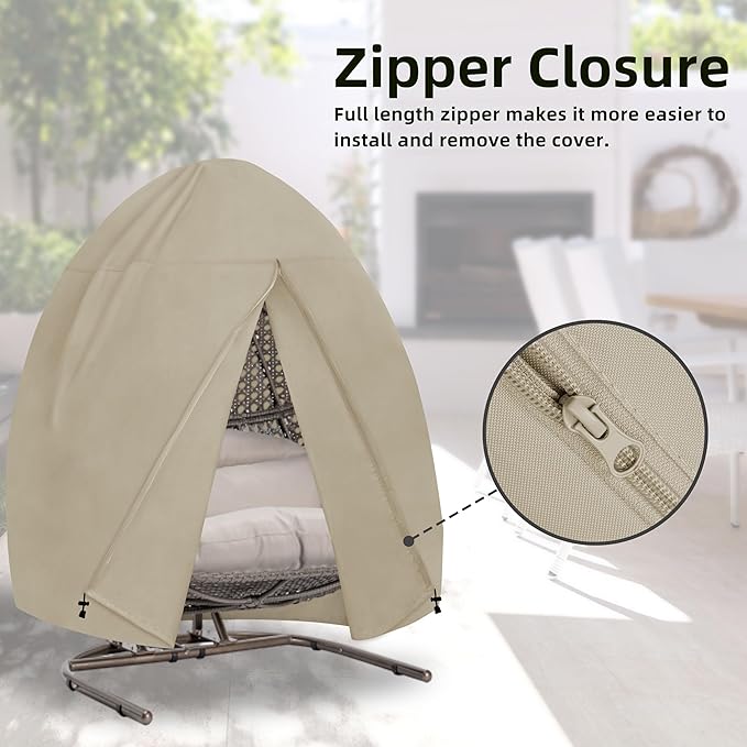 Easy-Going Patio Hanging Egg Chair Cover, UV Resistant Waterproof Outdoor Double Seat Swing Chair Cover with Zipper, Camel