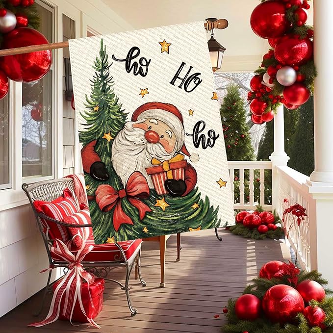 Christmas Tree Santa Claus Welcome House Flag 28x40 Inch Double Sided, Xmas Holiday Winter Burlap Large Yard Flag Farmhouse Flags Seasonal Patio Outdoor Outside Decoration