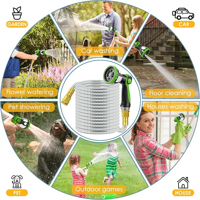 50 FT Stainless Steel Garden Hose with 10-Function Spray Nozzle, Kink-Free Flexible Metal Water Hose, Solid Brass 3/4'' Connectors, Heavy Duty, Durable, Leak-Proof, Lightweight, Tangle-Free