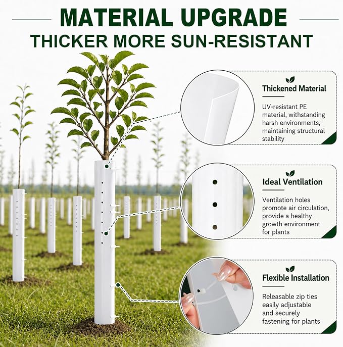 10 Pack 48 inch Tree Grow Tubes for Saplings, Thicked PE Standard Vented Seedling Protector, UV Resistant Tree Shelter, Tree Trunk Protector with 100 Releasable Zip Ties for Against Deer Rodent | Thicked PE，Standard Vented ，UV Resistant