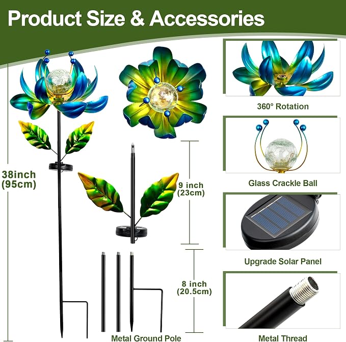 Solar Wind Spinners Outdoor Metal Kinetic Lotus Flower, Pinwheels for Yard and Garden Decor with Warm Crackle Glass Globe, 360° Spinning Yard Art Sculpture