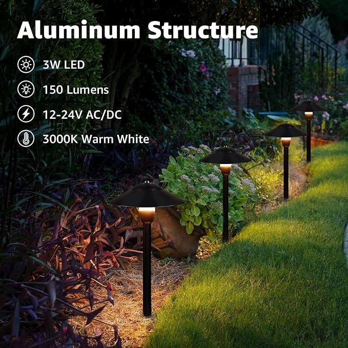 SUNVIE Low Voltage Pathway Lights LED Landscape Lights Low Voltage 3W 12-24V 3000K Landscape Lighting Cast-Aluminum Waterproof Landscape Path Lights for Yard Walkway Garden ETL Listed Cord, 4 Pack