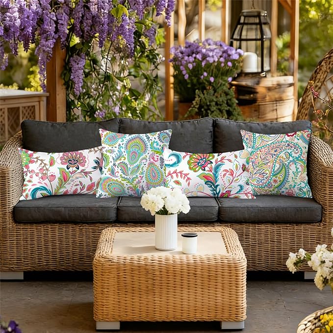 NIGHTWISH Outdoor Waterproof Pillow Covers 12x20 Set of 4 Spring Summer Floral Boho Decorative Outdoor Throw Pillows Paisley Cushion Cases for Patio Furniture Bench Couch Sunbrella