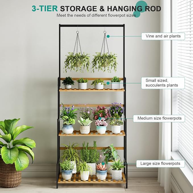 Ufine Bamboo Hanging Plant Stand 3 Tier Ladder Shelf with Hanging Rod | Height Adjustable Flower Pot Display Organizer for Balcony Porch Living Room