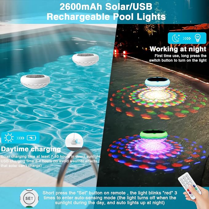 Solar Pool Lights(1 PCS), 2600mAh USB Rechargeable Floating Pool Lights, 6.7" IP68 Waterproof Solar Floating Light with Remote, RGB 13 Colors Upper and Lower Glow Hangable Light for Path, Hot Tubs