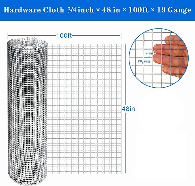 Hardware Cloth 48 inch x100 ft 3/4 inch Chicken Wire Fencing，19 Gauge Hot-Dip Galvanized Wire Mesh Rolls, Welded Wire,Fencing Rabbits Wire Fence,Snake Fence，Gopher Wire,Chicken coop Wire.
